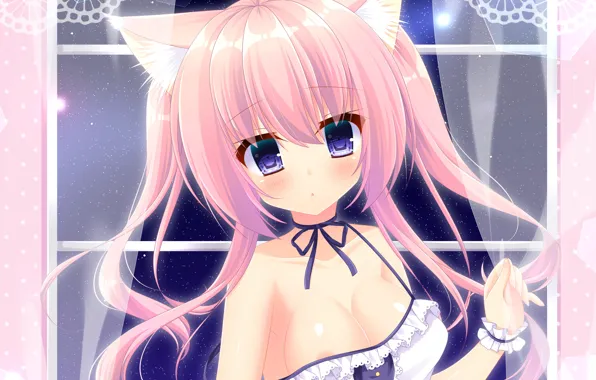 Girl, sexy, cleavage, blouse, pink hair, long hair, boobs, anime