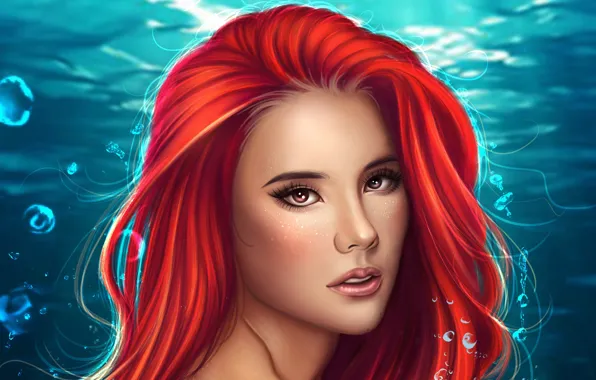 Взгляд, вода, девушка, русалка, рыжая, Ariel
