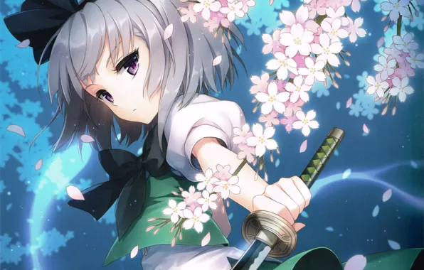 Картинка девушка, цветы, оружие, катана, аниме, сакура, арт, touhou