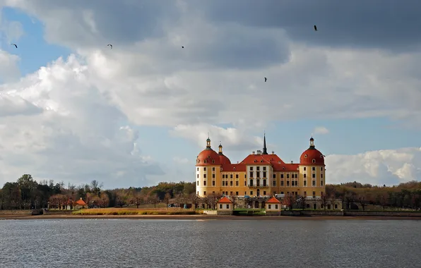 Картинка осень, небо, деревья, птицы, тучи, озеро, замок, Германия