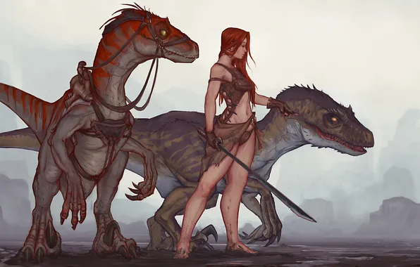 Девушка, фантастика, меч, рыжая, raptor, dinosaur