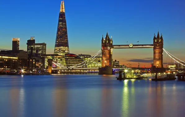 Ночь, огни, Англия, Лондон, Тауэрский мост, башня shard