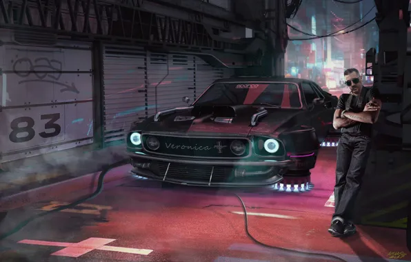 Картинка мужик, гараж, автомобиль, Cyberpunk Driver, cyber mustang
