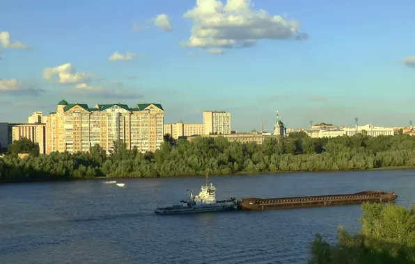 Лето, облака, река, остров, Город, пароход, ОМСК