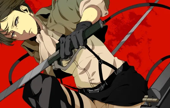 Взгляд, кровь, перчатки, клинки, подтяжки, levi, shingeki no kyojin, вторжение гигантов