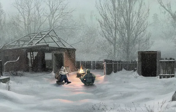 Картинка зима, снег, деревня, чернобыль, stalker, украина