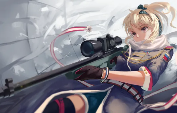 Картинка девушка, оружие, аниме, арт, снайпер, снайперская винтовка
