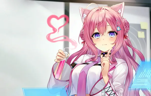 Girl, pink hair, long hair, animal ears, anime, beautiful, purple eyes, pretty