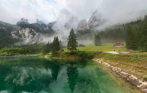 Картинка облака, пейзаж, горы, природа, туман, озеро, Австрия, леса