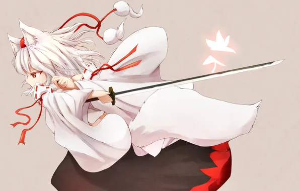 Картинка девушка, оружие, злость, жест, ушки, touhou, art, inubashiri momiji