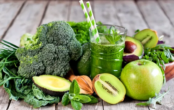 Картинка зеленый, яблоко, киви, сок, овощи, мята, авокадо, брокколи