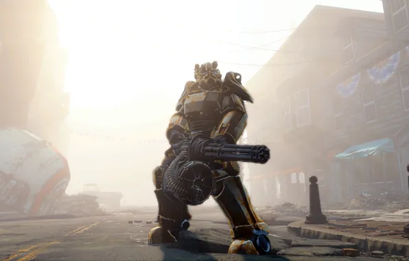 Gun, power, minigun, Fallout 4, heavy armor