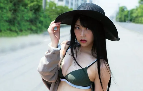 Girl, sexy, cleavage, long hair, hat, boobs, beautiful, pretty