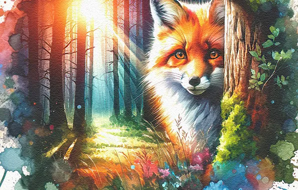 Лес, взгляд, солнце, портрет, лиса, живопись, яркие цвета, имитация живописи