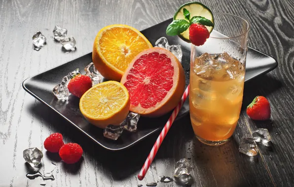 Картинка стакан, малина, апельсин, грейпфрут, лимонад