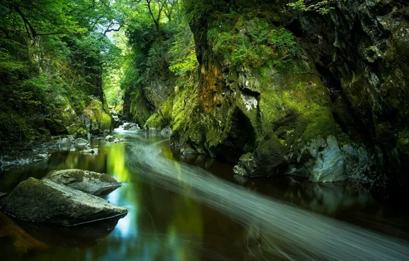 Зелень, река, камни, скалы, Англия, England, Уэльс, Wales