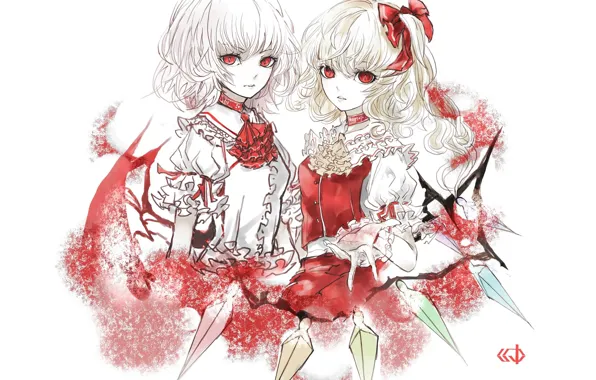 Крылья, белый фон, кристаллы, красные глаза, сестры, touhou, art, оборки