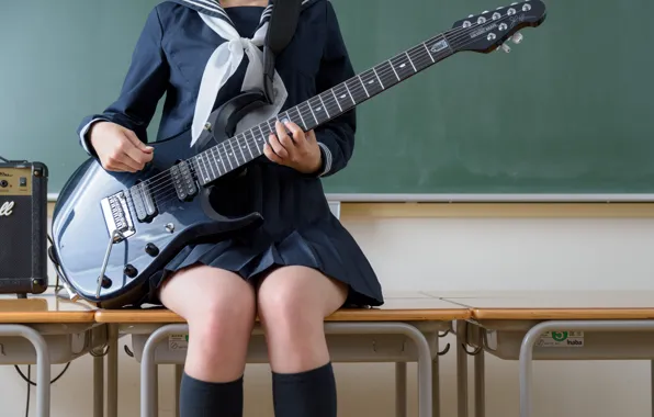 Картинка девушка, музыка, гитара, инструмент, ножки