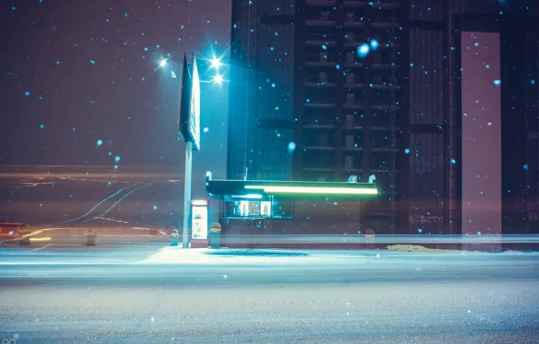 Картинка зима, дорога, car, свет, снег, машины, ночь, lights