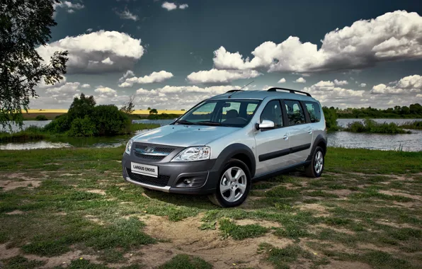 Облака, серебристый, речка, cross, Lada Largus, Russian cars