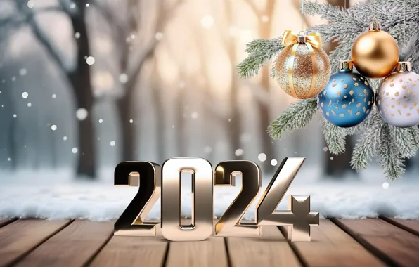 Картинка зима, снег, шары, цифры, Новый год, golden, balls, wood
