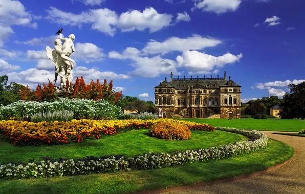 Картинка небо, облака, деревья, цветы, газон, Германия, Дрезден, сад