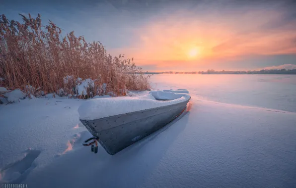 Зима, небо, снег, закат, лодка, мороз, Дубровинский Михаил