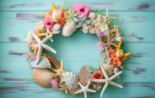 Лето, цветы, фон, colorful, ракушки, summer, beach, венок