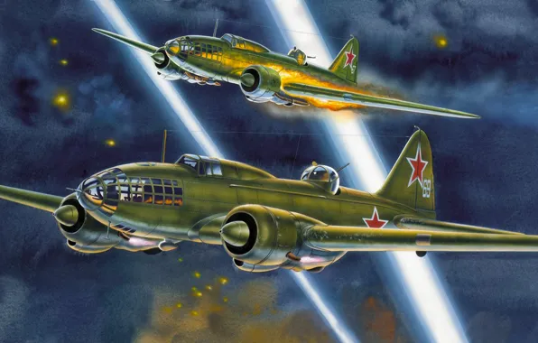 Картинка war, art, airplane, painting, aviation, ww2, Ilyushin Il-4