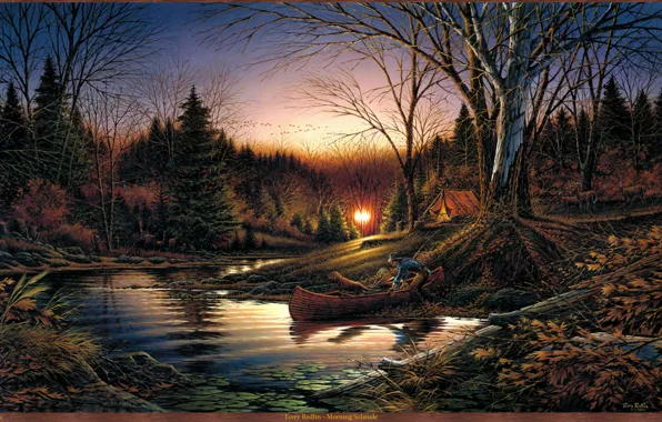 Картинка осень, лес, река, восход, лодка, собака, утро, палатка