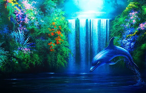 Картинка дельфин, водопад, растения