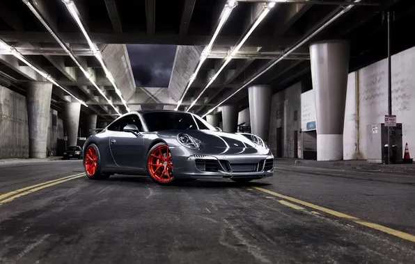 Картинка серый, 911, Porsche, красные, диски, порше, вид спереди, grey
