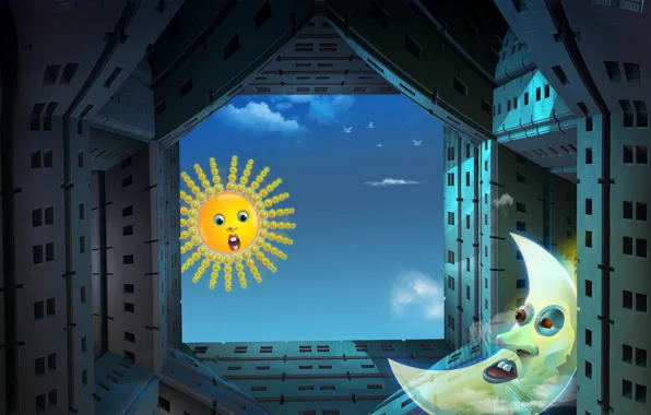 Картинка солнце, сооружение, месяц, проём, Halfmoon Hangover