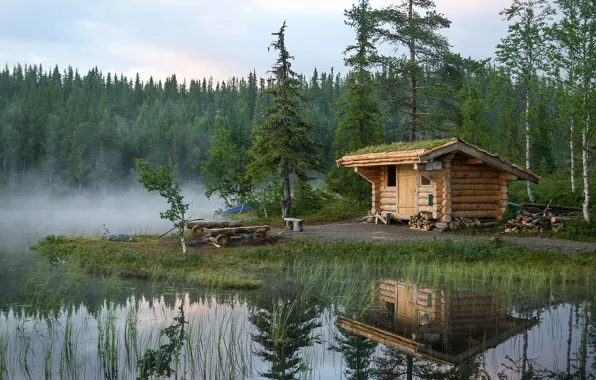 Картинка лес, озеро, отражение, избушка, Норвегия