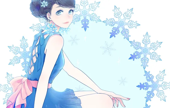 Картинка девушка, снежинки, платье, арт, сидя, setsuko, sekkisei
