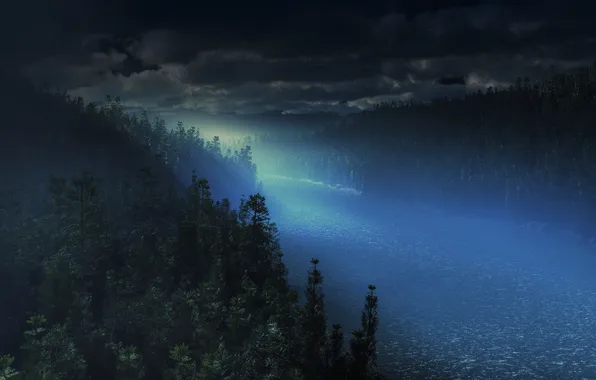 Картинка лес, ночь, река