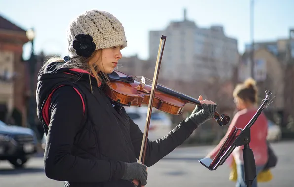 Картинка девушка, лицо, музыка, улица, скрипка