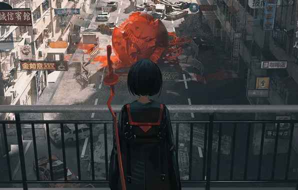 City, anime, fan art, anime art, anime style, homutan1, armed girl