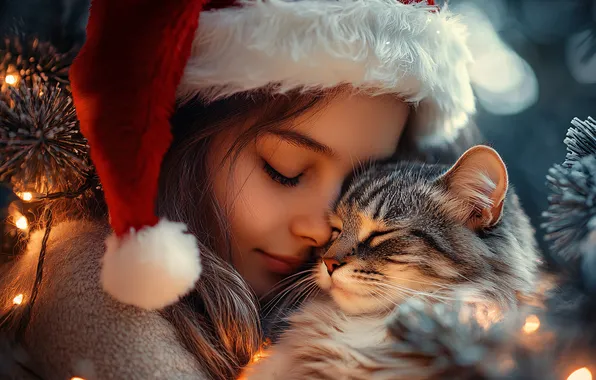 Кошка, кот, Рождество, девочка, Новый год, ласка, Снегурочка, хвоя