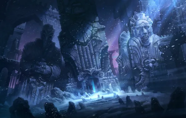 Картинка снег, ночь, камни, люди, руины, метель, Говард Лавкрафт, иллюстрация к к ниге
