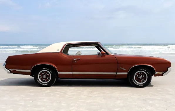 Картинка пляж, 1971, мускул кар, beach, сбоку, muscle car, florida, oldsmobile