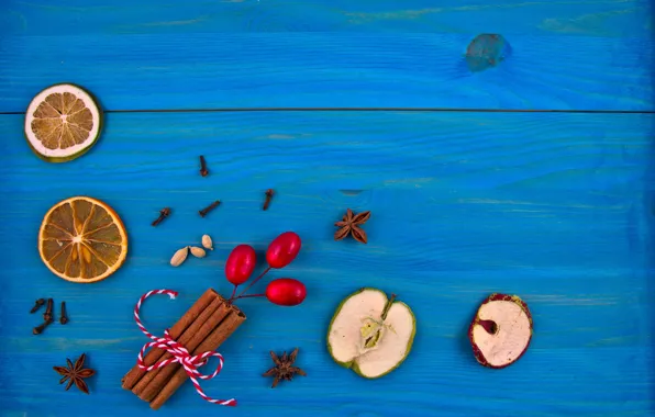 Ягоды, праздник, яблоки, доски, Рождество, Новый год, фрукты, корица