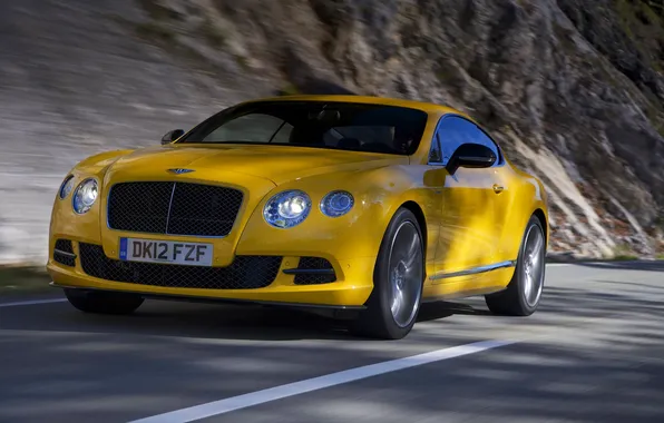Bentley, Continental, Желтый, Машина, Бентли, Фары, Передок, В Движении