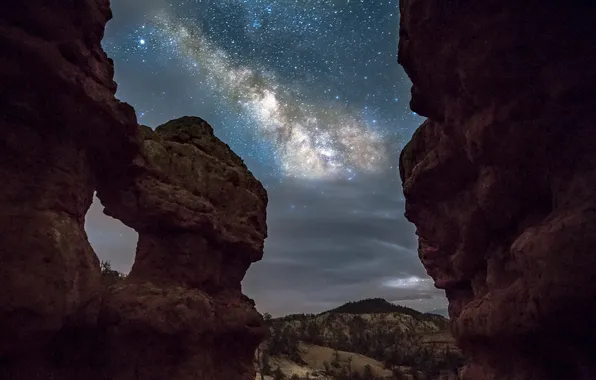 Ночь, скалы, каньон, USA, США, млечный путь, Utah, ЮтаLosee Canyon