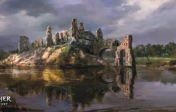 Картинка вода, река, руины, art, rpg, CD Projekt RED, The Witcher 3: Wild Hunt, Ведьмак 3: …