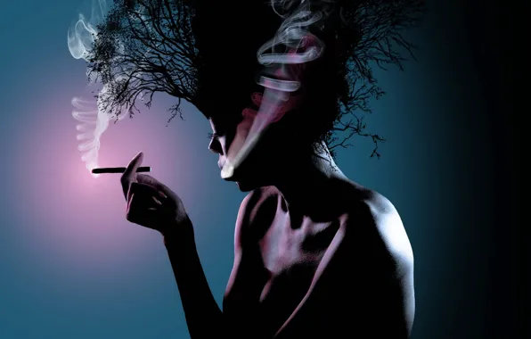 Картинка девушка, стиль, фон, волосы, дым, сигарета