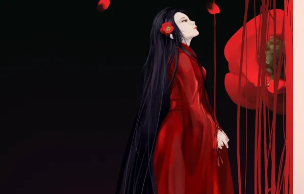 Картинка лепестки, Гейша, черный фон, красный цветок, красное кимоно