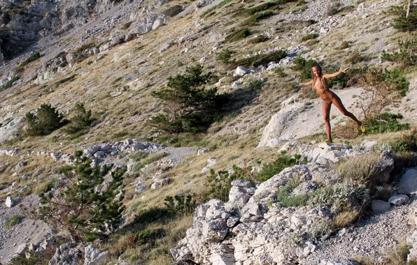Girl, grass, sexy, erect nipples, long hair, legs, trees, pussy