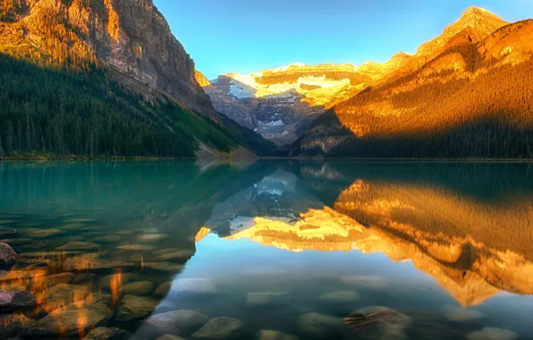 Лес, закат, горы, природа, озеро, Канада