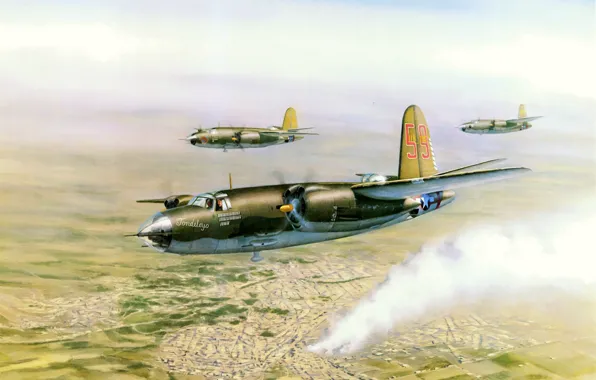 Картинка war, art, airplane, painting, aviation, ww2, Martin B-26 Marauder, bomberr